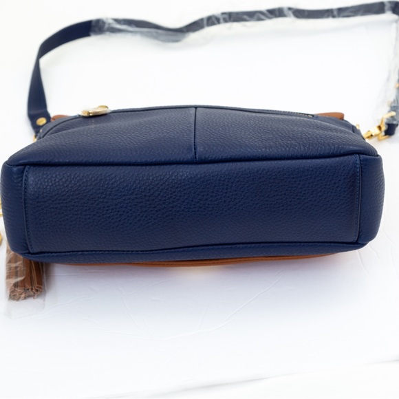 Preppy leather messenger bag Isaac Mizrahi Live Bridgehampton blue & brown - Picture 5 of 16